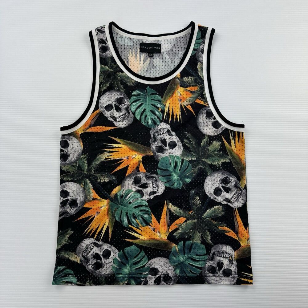 No Boundaries Skull Tropical Mesh Tank Top Men'sSmall Black Graphic